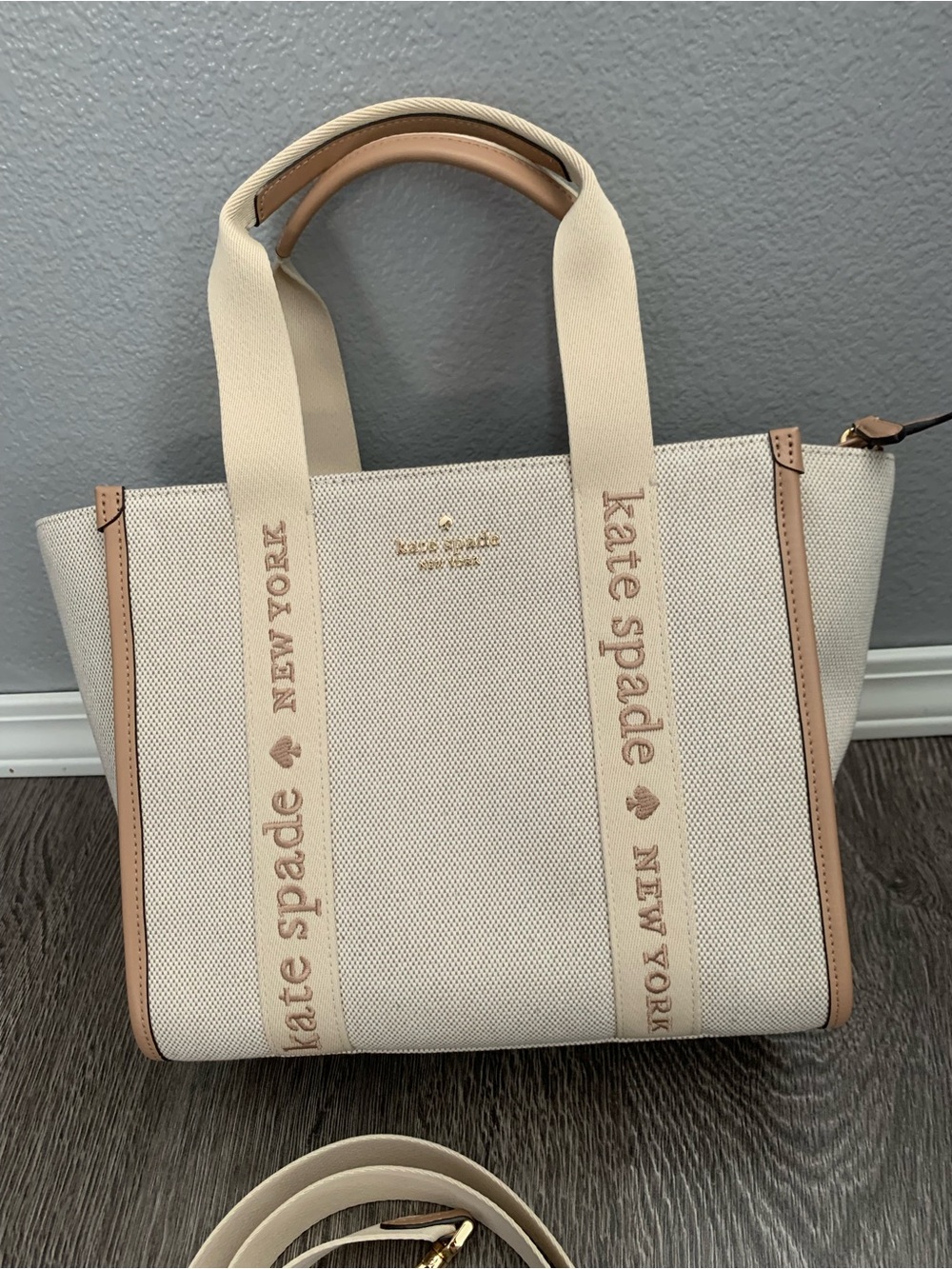 kate spade Cream Canvas Tote with Tan Trim